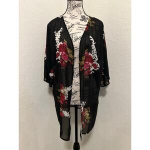 Women's Floral Chiffon Kimono Cardigan Medium Sheer 3/4 Length Sleeve Open-Front